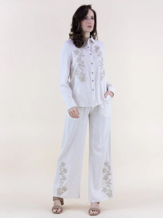 MDM Lux Pants - MDM05. Elegant Ivory Linen Floral Embroidered Button-Up Top & Wide-Leg Pants Set